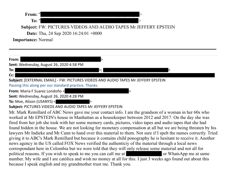MarioNawfal's tweet image. 🚨 Someone claims their grandmother, a former housekeeper at Epstein's Manhattan home, walked out with hidden memory cards, photos, videotapes, and audio tapes when she was fired.

He says the material contains child pornography, that ABC's Mark Remillard wouldn't accept it