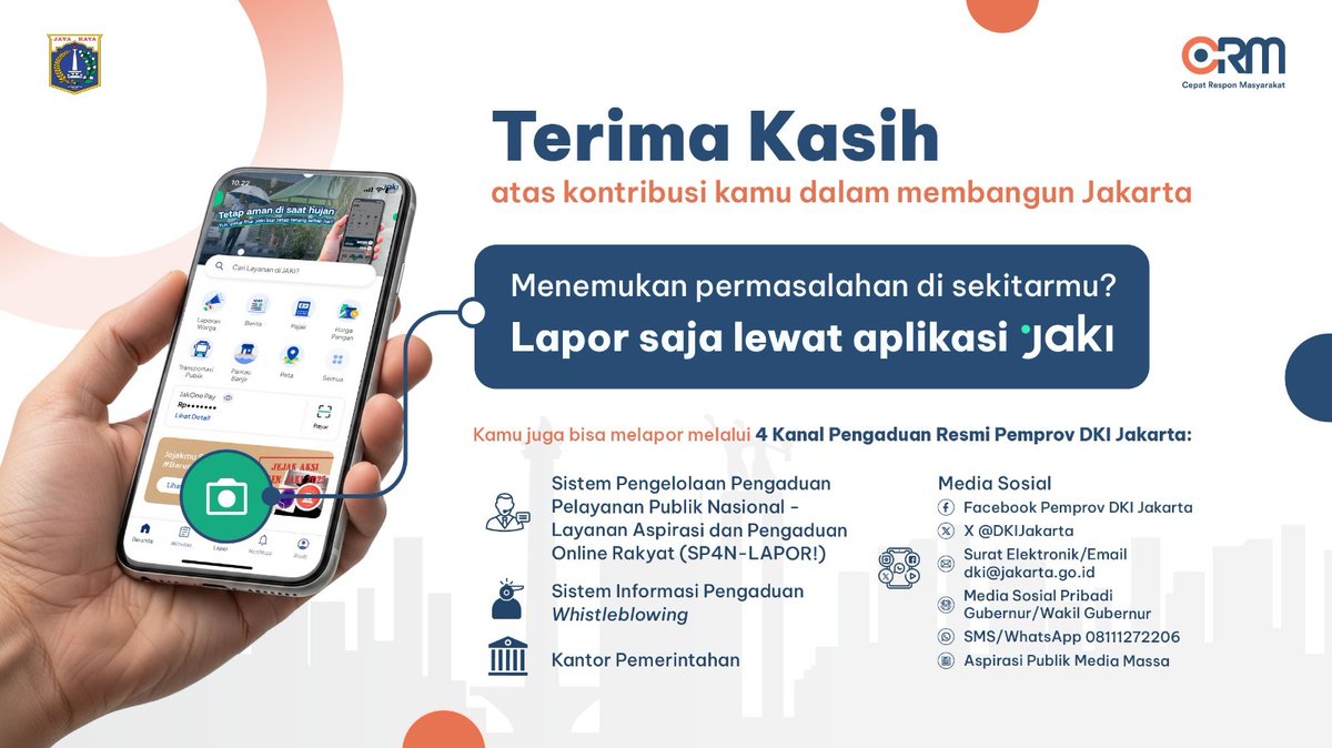 DKIJakarta's tweet photo. Terima kasih atas laporan Anda.
Laporan sudah diteruskan dengan nomor TW2602194XHG
Silakan memantau perkembangan laporan melalui laman berikut:
https://t.co/znpXFXXiR5

Anda juga dapat menyampaikan laporan melalui Aplikasi JAKI yang dapat diunduh melalui:

Play Store: https://t.co/HvcART9n7w
App Store: https://t.co/g130Zk8B2l

Sebagai bagian dari peningkatan kualitas layanan, setelah laporan selesai ditindaklanjuti dan hasilnya telah divalidasi, kami akan mengirimkan kode penilaian (rating) untuk menilai hasil penanganan pengaduan.
Untuk menjaga kerahasiaan data, mohon kirimkan alamat email Anda melalui DM atau email ke dki@jakarta.go.id, agar kode tersebut dapat kami sampaikan secara pribadi.

Penilaian (rating) dapat diberikan paling lambat 7 x 24 jam setelah hasil tindak lanjut divalidasi.