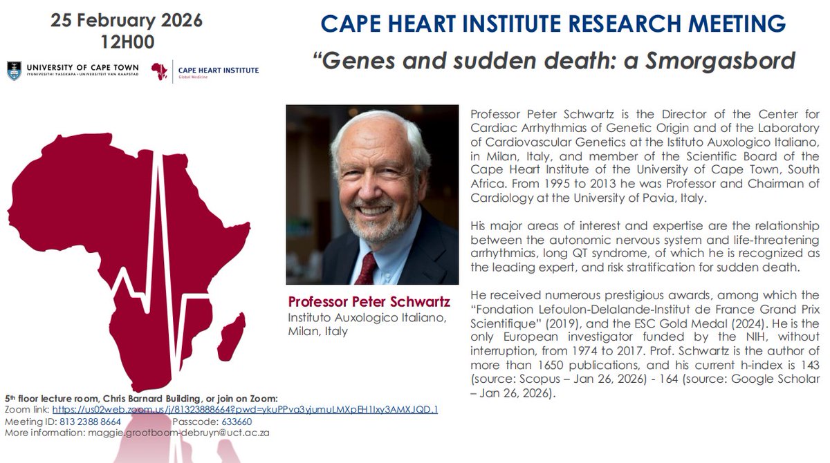 CHI_UCT's tweet photo. The Institute is pleased to invite you to attend the upcoming research meeting, “Genes and sudden death: a Smorgasbord", by Professor Peter Schwart, which will be held on 25 February 2026 at 12h00 in the Chris Barnard lecture room, 5th floor.  
More: https://t.co/1ghO3TxCqD https://t.co/bLlXBVb3v5
