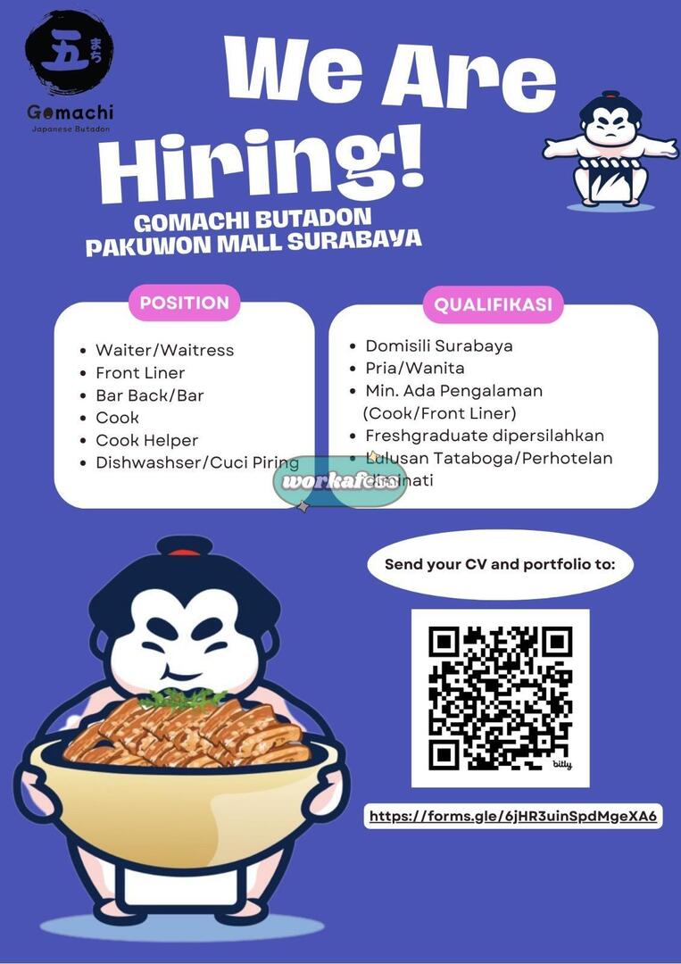 Work!

Hallo !!! 🥳🥳

Gomachi Butadon sedang buka Recruitment untuk Cabang Surabaya , yang berminat bisa scanbarcode pada pamflet dan isi data ya

CP : 087888330149

Terimakasih ✨🙌