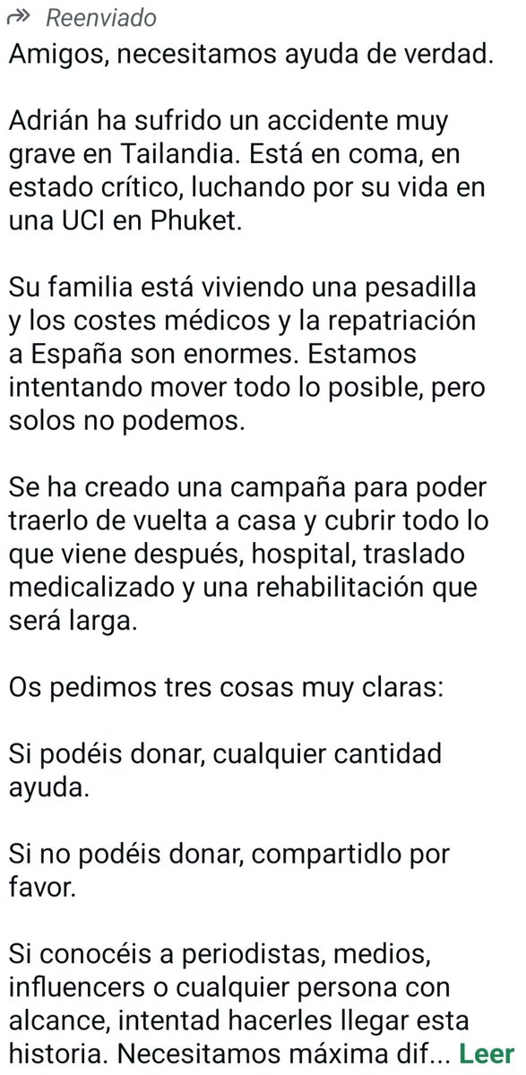Es el sobrino de una íntima amiga, y están desesperados
Si podéis colaborar, un poquito de cada uno puede hacer el milagro 🙏
Os pido compartirlo

Apoya esta recaudación de fondos haciendo un donativo o compartiéndola: toda ayuda cuenta. gofundme.com/f/repatriacion…
