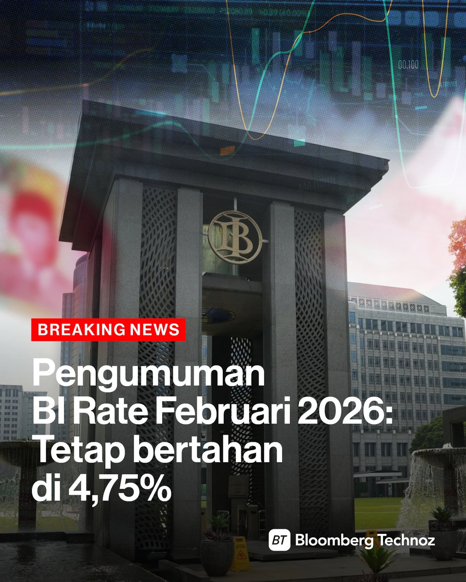 Bank Indonesia (BI) memutuskan menahan suku bunga acuan atau BI Rate di level 4,75% dalam Rapat Dewan Gubernur Februari 2026, sesuai dengan konsensus para ekonom.

Simak selengkapnya: bloombergtechnoz.com/detail-news/10…