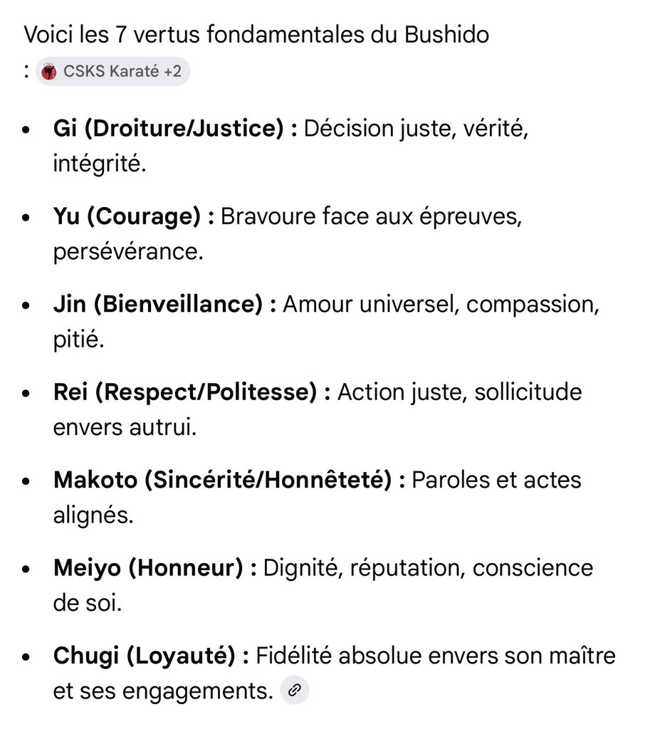 Nos principes tournent autour des valeurs de Bushido. Les valeurs du Samouraï