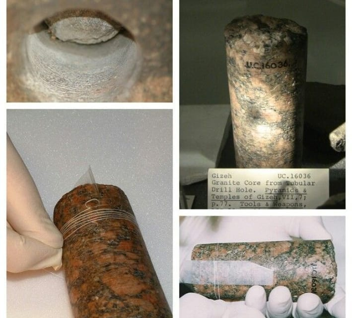 🚨 One drill core from ancient Egypt shatters the mainstream story

🔹Feed 1/10th inch per turn
🔹500× faster than copper + sand
🔹Cuts quartz &amp; feldspar simultaneously, no deviation
🔹Spiral grooves in granite, deep, uniform, continuous
🔹Measured by Petrie in 1883, published,