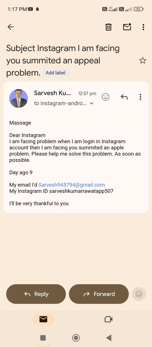sarveshaap's tweet photo. @instagram 
Dear Instagram
 when I am login in Instagram account then I am facing You summited an appeal problem. Please help me solve this problem. 
Day ago 9
My email Id Sarvesh945794@gmail.com
My Instagram ID sarvekumarrawataap507
I'll be very thankful to you https://t.co/fBu1XBEaXc
