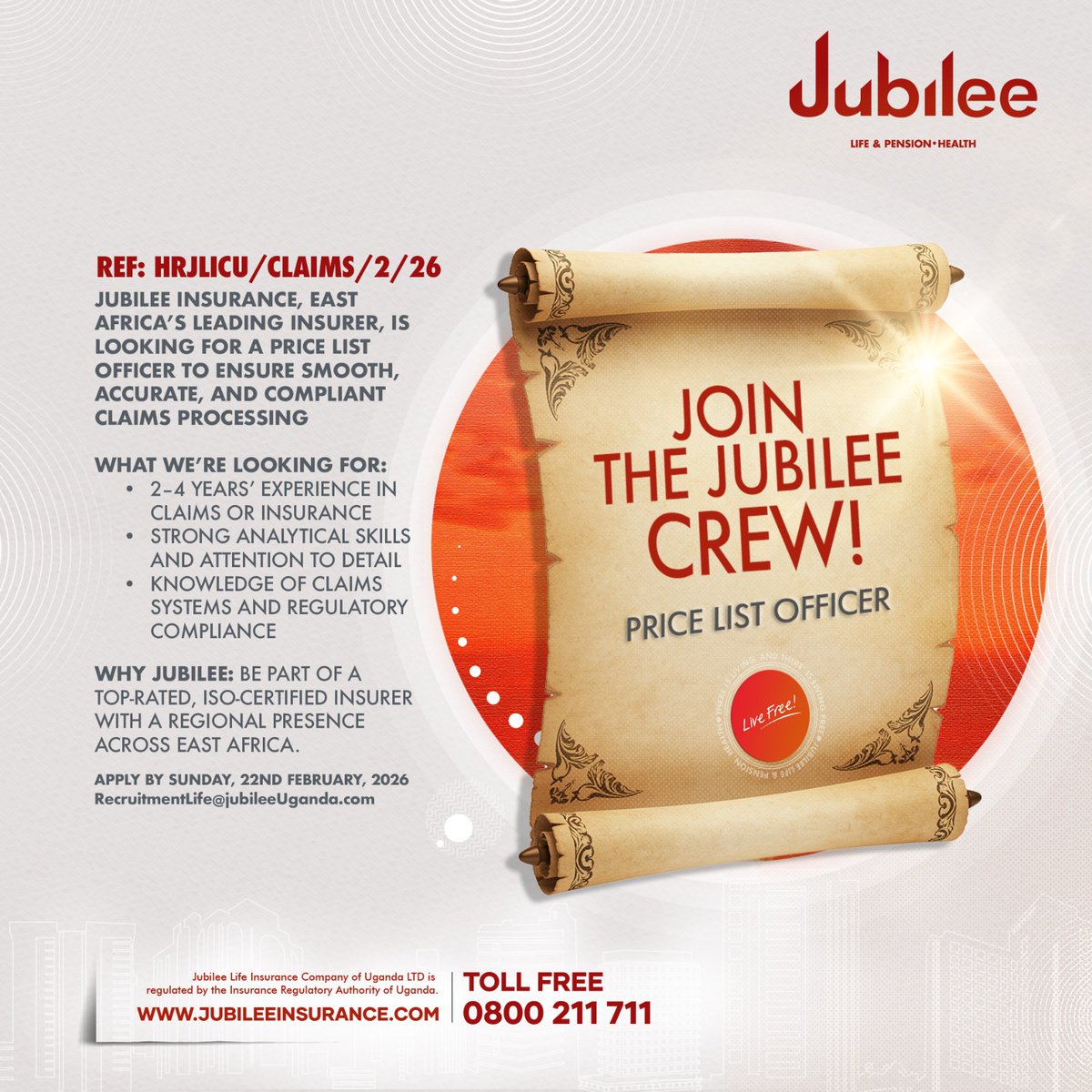 EvancoHR's tweet image. Price list officer @JubileeInsUG 

Apply by 22nd Feb 2026: RecruitmentLife@jubileeUganda.com