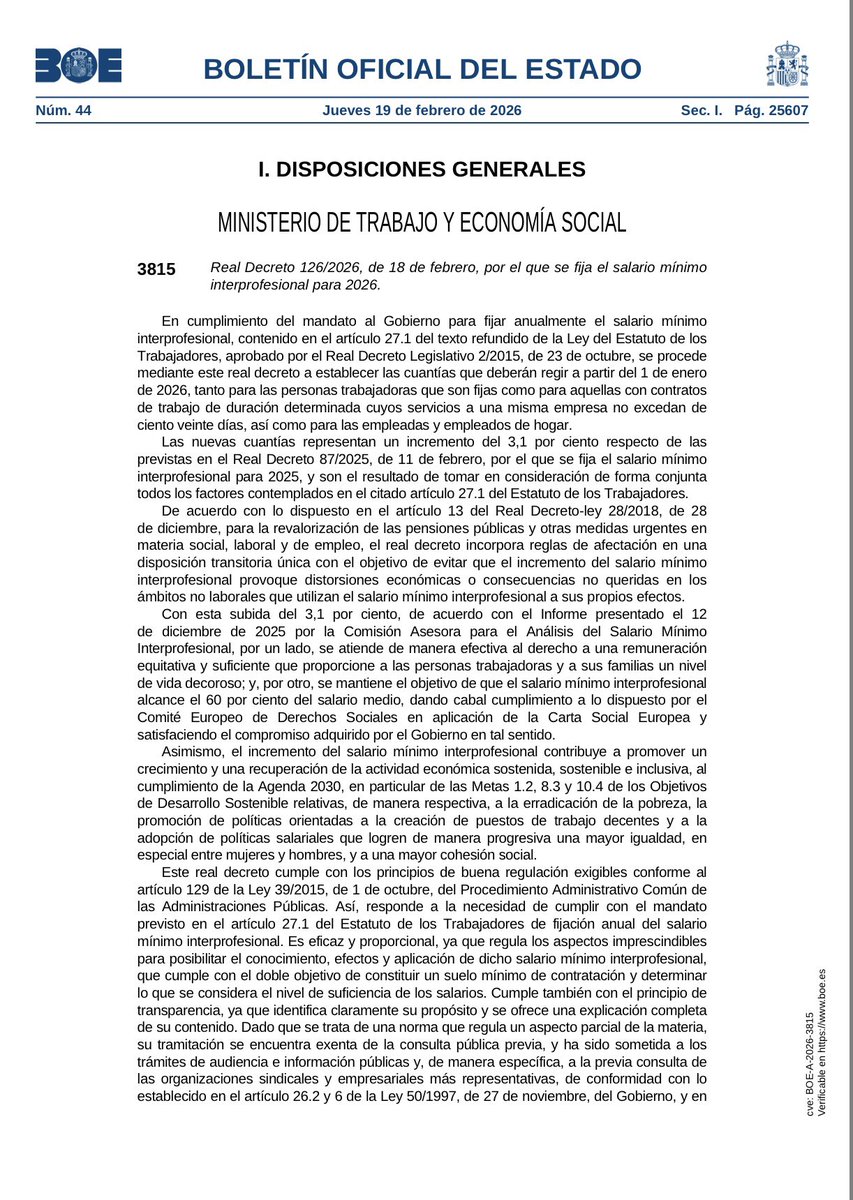 🔵 #smi 2026: 

#BOE 19.2.2026: Real Decreto 126/2026, de 18 de febrero, por el que se fija el salario mínimo interprofesional para 2026

🔹40,7 € al día, 1221 € en 14 pagas 

🔹Efectos desde 1 enero 2026 

🔗 boe.es/boe/dias/2026/…