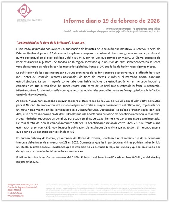 #Felizjueves Informe diario Auriga 19/02/2026