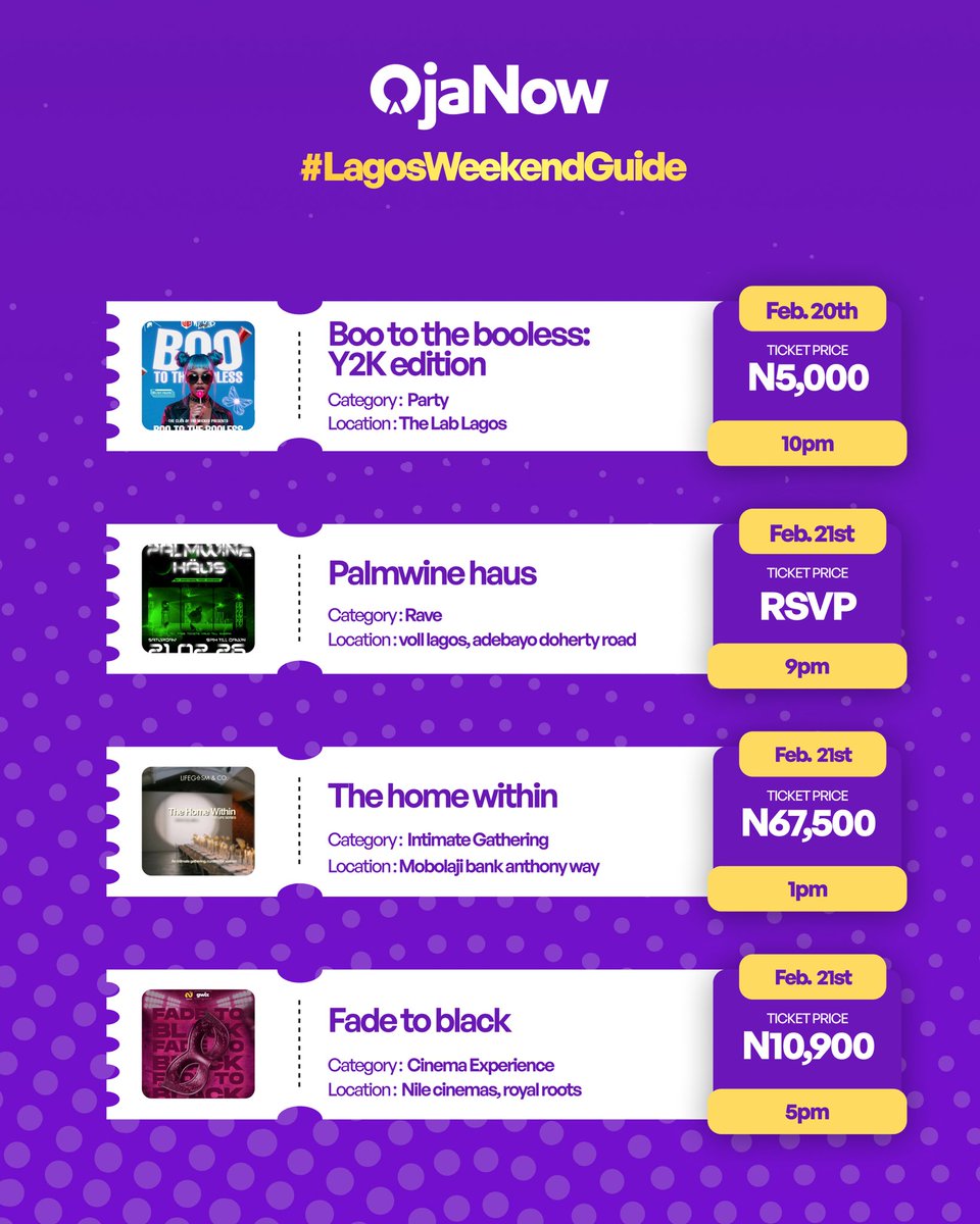 ojanowpass's tweet photo. Before you say there’s nothing to do in Lagos. Here’s what’s actually happening in Lagos🕺🏽💜. 

From raves to beach events. OjaNow Pass has got you covered!

Download the Ojanow app to get you started!🌍 
#lagosweekened #lagosevents #lagosparties https://t.co/J3QwGAI0zv