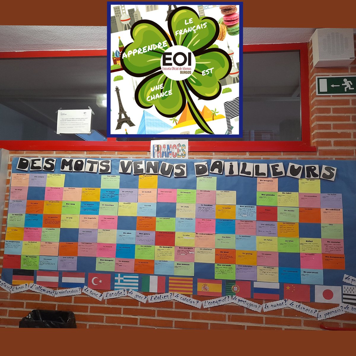 🇫🇷🇧🇪🇨🇭🇨🇦🇸🇳 Aprende francés con la EOI de Burgos. 😁 Ven a ver el mural del Departamento de francés, en la planta baja de la EOI.🤓 
Les élèves ont découvert l'étymologie de mots français qui proviennent de nombreuses langues. Super intéressant !🌍📝😍
#aprenderidiomasesunplacer