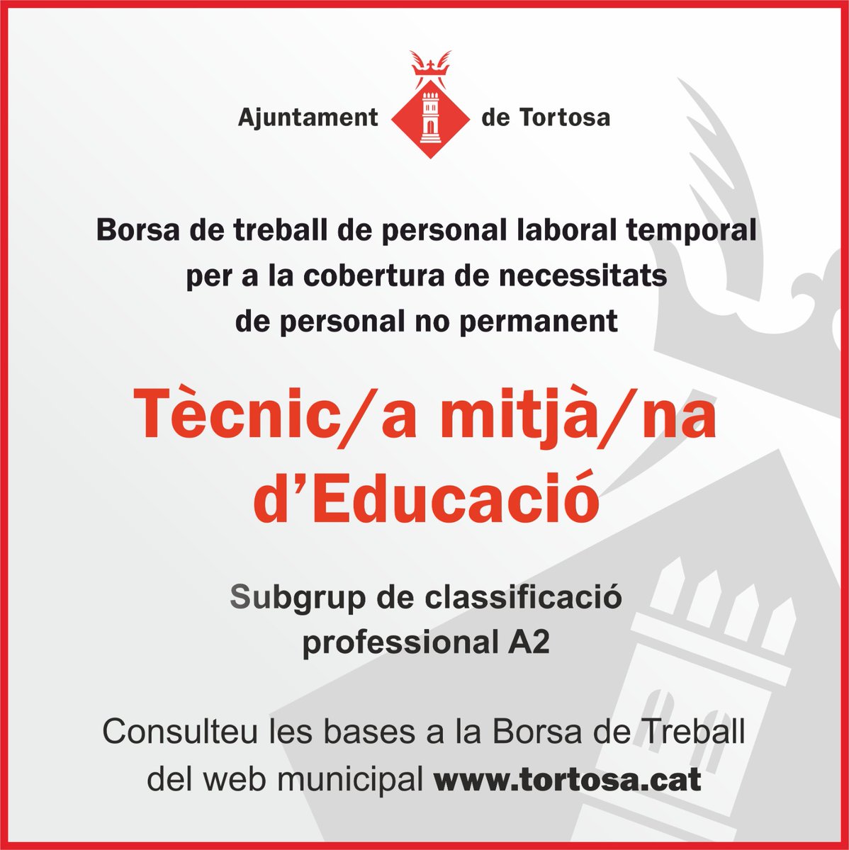 OFERTA DE FEINA | L'Ajuntament de Tortosa necessita cobrir una plaça de tècnic/a mitjà/na d'Educació. Podeu consultar les bases de la convocatòria en el següent enllaç: 
www2.tortosa.cat/public_files/o…