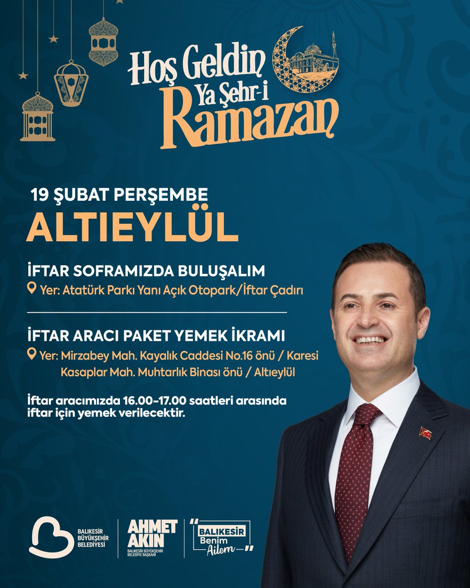 19 Şubat Perşembe günü Altıeylül’de, Ramazan boyunca her akşam kurulacak iftar soframızda buluşuyoruz.

📍 Atatürk Parkı yanı açık otopark
(Kurtdereli Kapalı Spor Salonu karşısı)

Ramazan’ın paylaşma ve dayanışma ruhunu birlikte yaşamak için tüm hemşehrilerimi bu sofraya davet