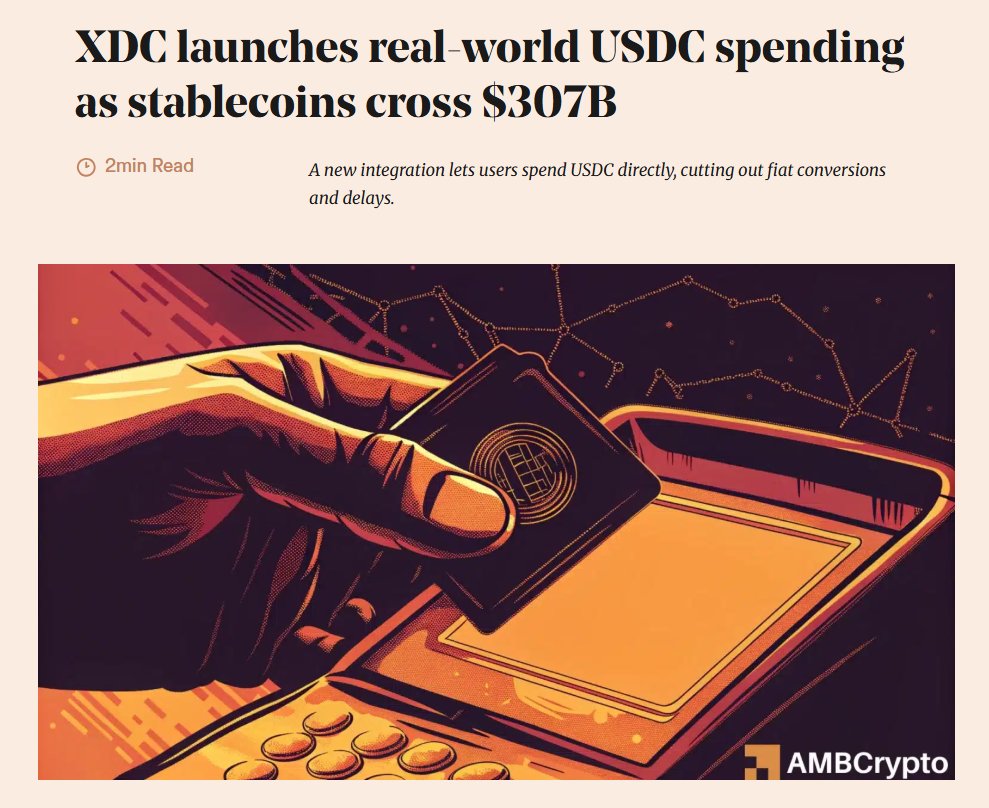 🔥 Big move for <a href="/XDCNetwork/">XDC Network</a> !

$XDC launches real-world <a href="/USDC/">USDC</a>  spending via OrbitX Pay — enabling payments at Visa-accepting merchants worldwide 💳🌍

Read more 👇
 ambcrypto.com/xdc-launches-r…

#XDC #USDC #CryptoPayments #Web3 #RWA #BlockchainAdoptioN #BTCUSD #XRP #BitcoinOS #SOL