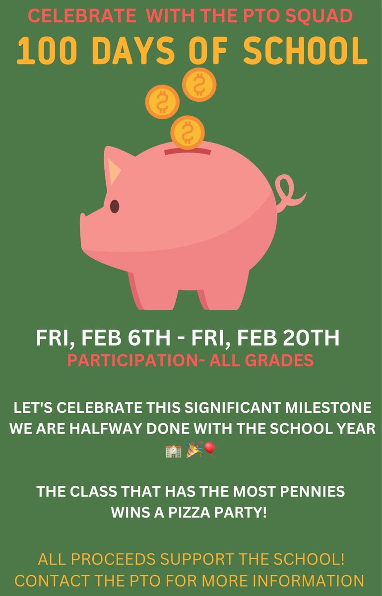 BradburyHeights's tweet image. 🎊CELEBRATE WITH THE PTO SQUAD🏫100 DAYS OF SCHOOL-COUNTDOWN FUNDRAISER 

WEDNESDAY, JAN 29TH -WEDNESDAY, FEB 6TH

PARTICIPATION OPEN TO ALL GRADE LEVELS

THE CLASS THAT COLLECTS THE MOST PENNIES WILL WINS A PIZZA PARTY!🍕🥳

#bradburyheights #BHES #BHESPTOSQUAD #BHESEagles