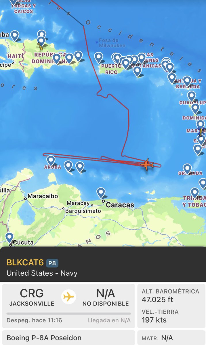 Nuestro amigo, el drone de vigilancia con identificativo  BLKCAT6 está patrullando en estos momentos el Mar Caribe.