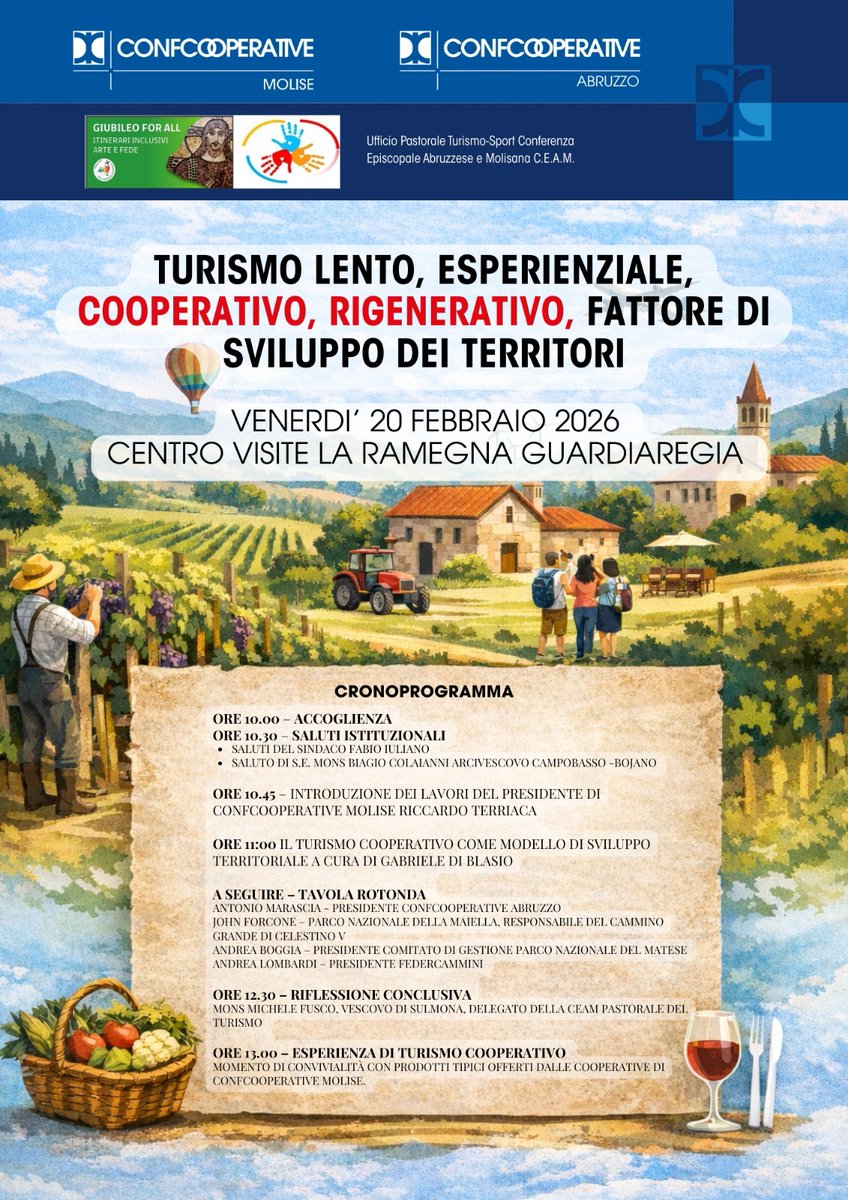 🌿 Il 20 febbraio 2026 Feder.Cammini sarà a Guardiaregia per l’incontro
“Turismo lento, esperienziale, cooperativo, rigenerativo – Fattore di sviluppo dei territori”.
In una tavola rotonda con Parco Nazionale della Maiella e Parco Nazionale del Matese.
#TurismoLento #FederCammini