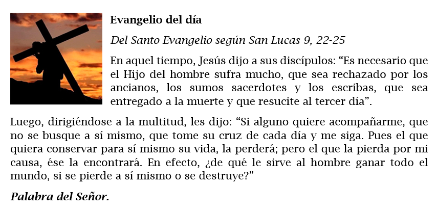 « Toma tu cruz de cada día y sígueme »

Lectura del Santo Evangelio según San Lucas 9, 22-25 vía <a href="/Catholicnet_es/">Catholic.net</a>

#19Febrero Jueves después de Ceniza.

#Biblia #PalabraDeDios #Evangelio #SantoEvangelio #EvangelioDelDia #EvangelioDeHoy #LecturaDelDia #FelizJueves #19Feb

❤️🔁