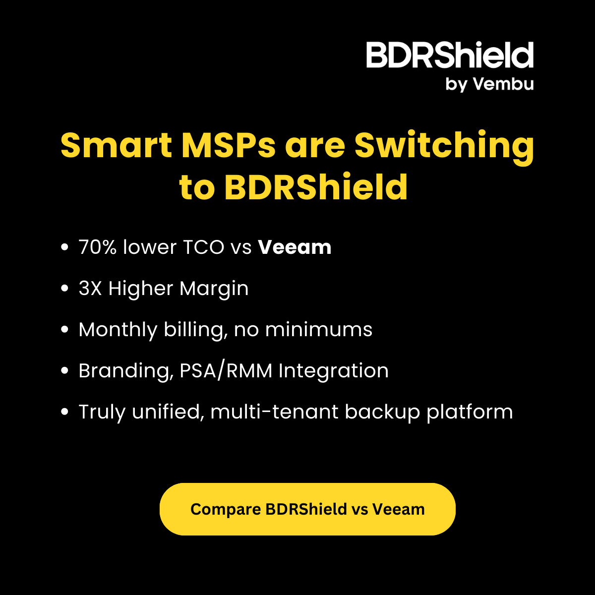 vembutech's tweet photo. Backup pricing hurting MSP profits? MSPs are switching to Vembu BDRShield — 3X margins, zero minimums. Make backup profitable again.