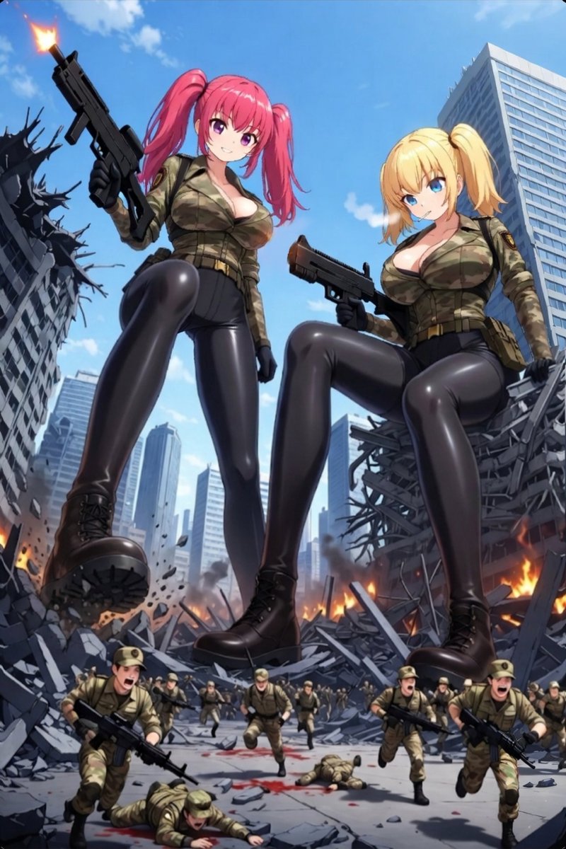 SAZARUSAN's tweet photo. 巨大女の子にとって戦場は遊び場　#giantess #巨大娘 #街破壊 https://t.co/K25An4mUAt