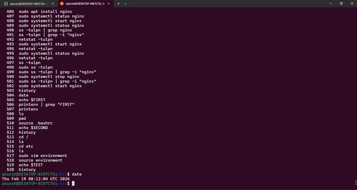 akarshjha_'s tweet photo. Day 08 of learning Linux.

Learned about environment variables in Ubuntu.

Practiced setting variables locally and globally,

#Linux #Backend #DevJourney https://t.co/WR1pbLi3Gy