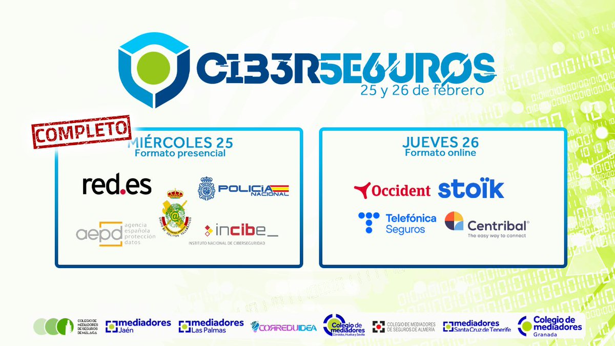 Correduidea's tweet photo. Ya está completa la jornada presencial del día 25 de #C1B3R5E6UR0S, las jornadas sobre Ciberseguridad y Ciberseguros.

Pero aún puedes inscribirte en formato online aquí: https://t.co/JcgO2d9oEJ https://t.co/CDRWkG1Ka4