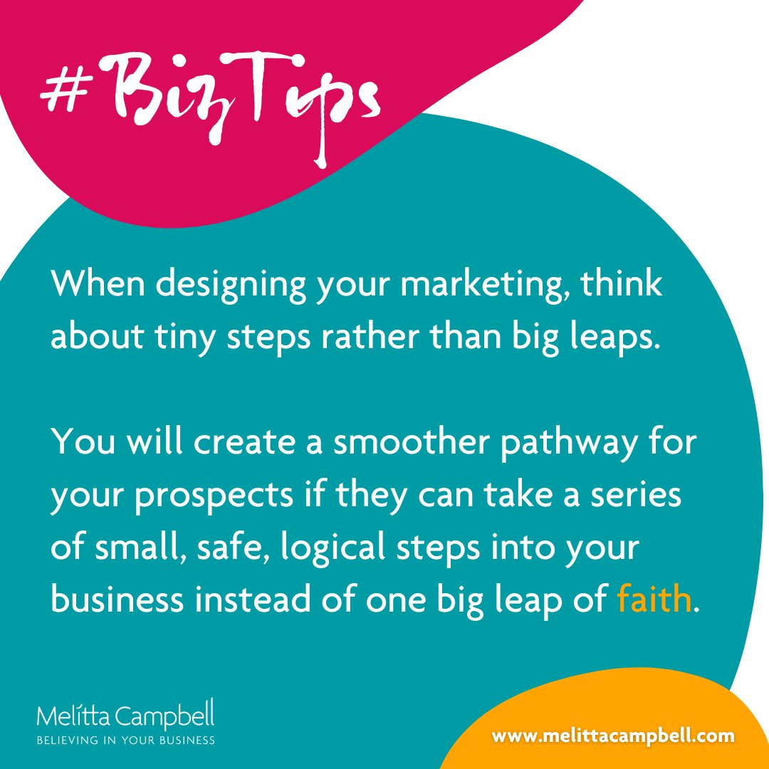 DFE_podcast's tweet image. When designing your marketing, think about tiny steps rather than big leaps.
.
You will create a smoother pathway for your prospects if they can take a series of small, safe, logical steps into your business instead of one big leap of faith.
.
#bizTips #TuesdayTips