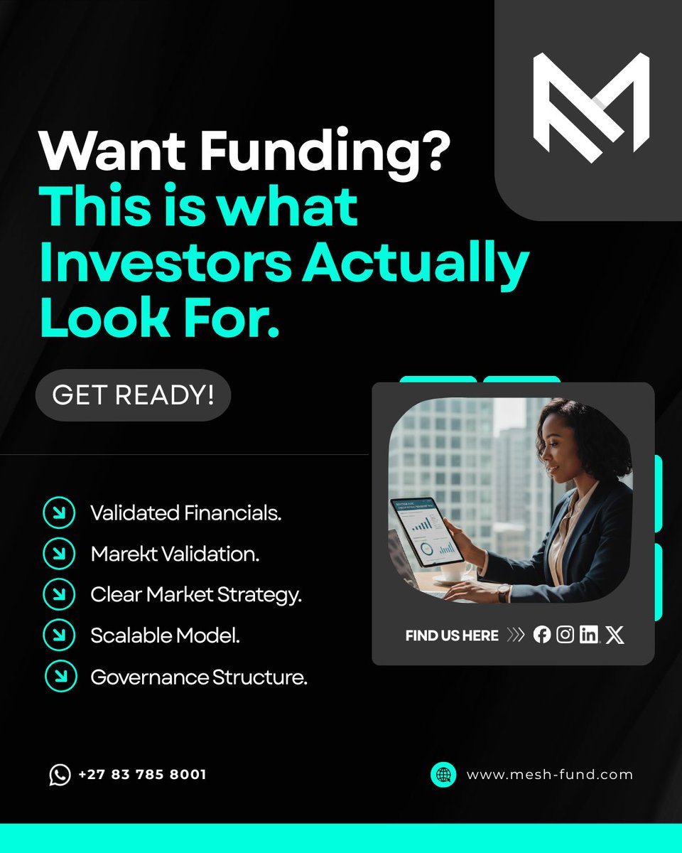 MeshFund's tweet photo. Do you Want Funding? 

Investors look for structure, not just a good idea. 
Validated numbers. 
Clear strategy.
Scalable model. 

That’s investment readiness💰😉

#MeshFund #StartupFunding #InvestorReady #FounderLife https://t.co/l61GbywCIP