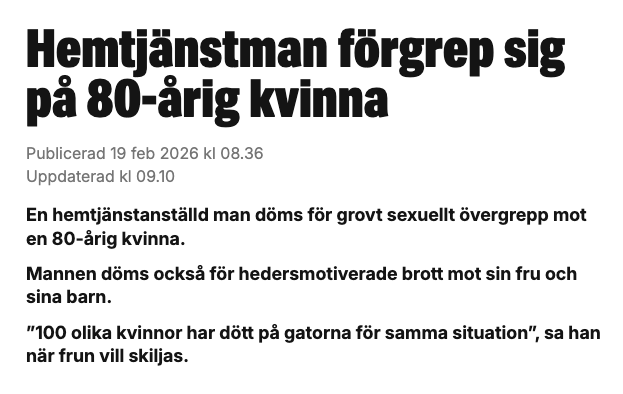 Övergreppen mot äldre, försvarslösa kvinnor inom hemtjänsten/vården borde bli årets valfråga. Vem tar täten? Centern? Socialdemokraterna? Liberalerna? Det är öppet mål. Skjut.