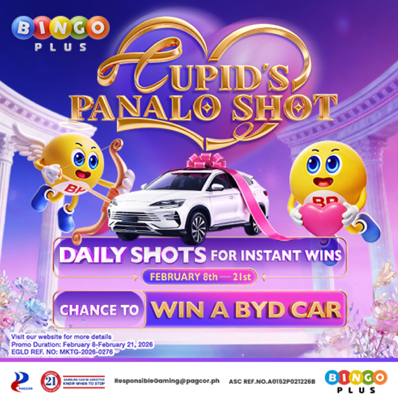 Bingoplusph's tweet photo. Feel the love and take your shot with Bingo Plus Cupid’s Panalo Shot this February 8 to 21, 2026. 

Enjoy daily chances to win instant prizes and get a shot at driving home a brand new BYD car.