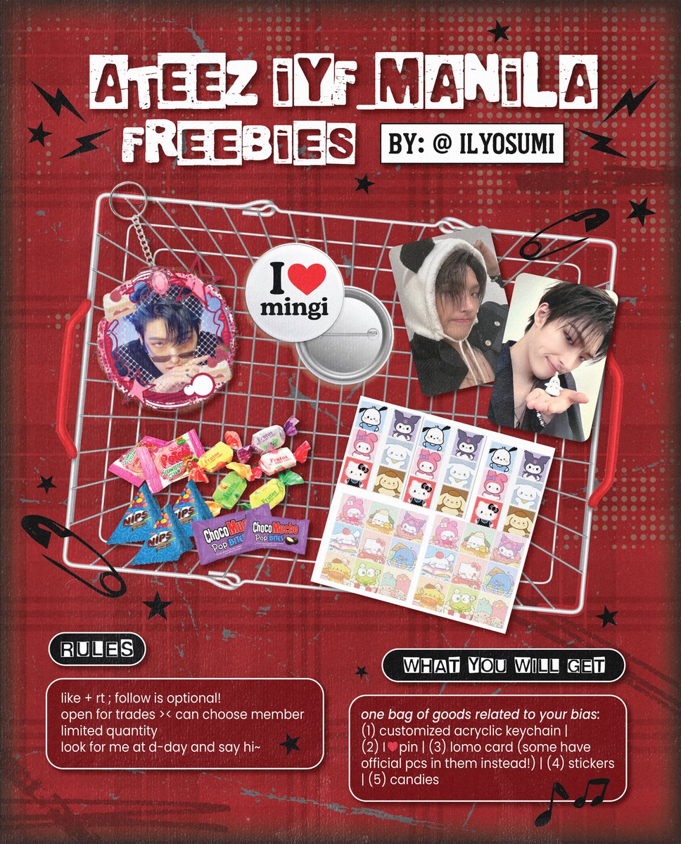 hello filotinys! will be giving away freebies for ateez iyf manila stop !!! 🥰

RULES:
like + rt, follow (optional but pls! babytiny me 😞)
open for trades, comment down!
1:1 can choose member 
will upd sa d-day!

#ATEEZinManila #InYourFantasy_MNL
#ATEEZ #에이티즈