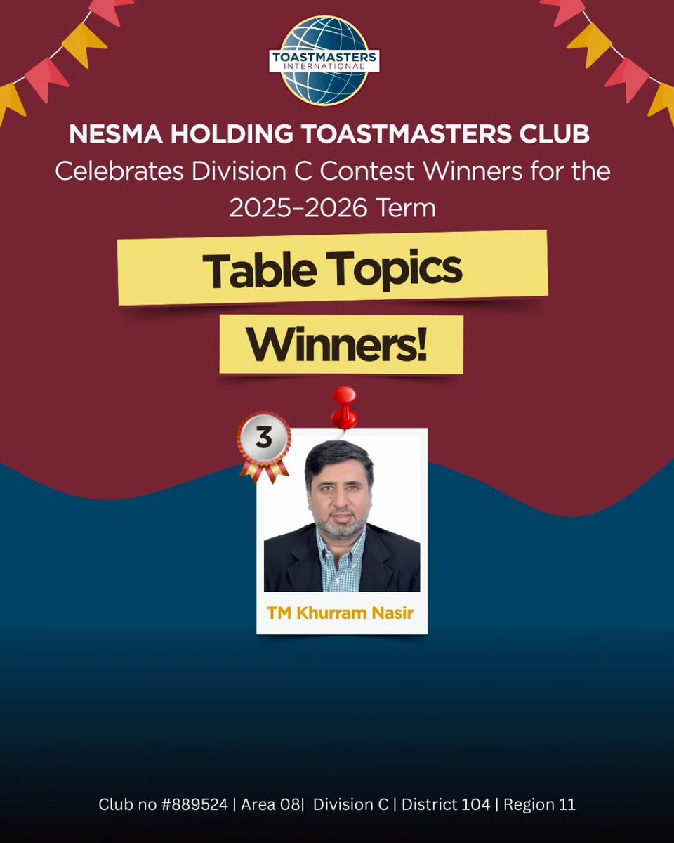 NHTMC Applauds its stars at the Division C Contest! 🎉

Our Nesmanians stepped up and stood tall✨

🔹️Speech Evaluation Contest

🥇 DTM Saeed Al Ghamdi  
🥈 TM Khurram Nasir – 2nd Place
🥉 TM Basim Siddiqi – 3rd Place

🔹️International Speech Contest (ISC)

🥈 TM Khurram Nasir
