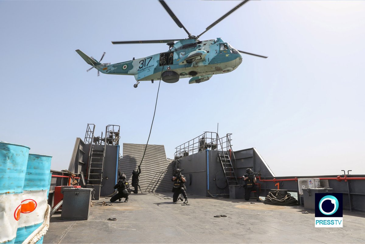 PressTV's tweet photo. Iranian and Russian special naval forces successfully conducted a joint exercise simulating the liberation of a hijacked ship, involving aerial reconnaissance, surface operations, and the capture of simulated pirates. 

Follow: https://t.co/B3zXG73Jym https://t.co/ZZv1Gdh7Q7