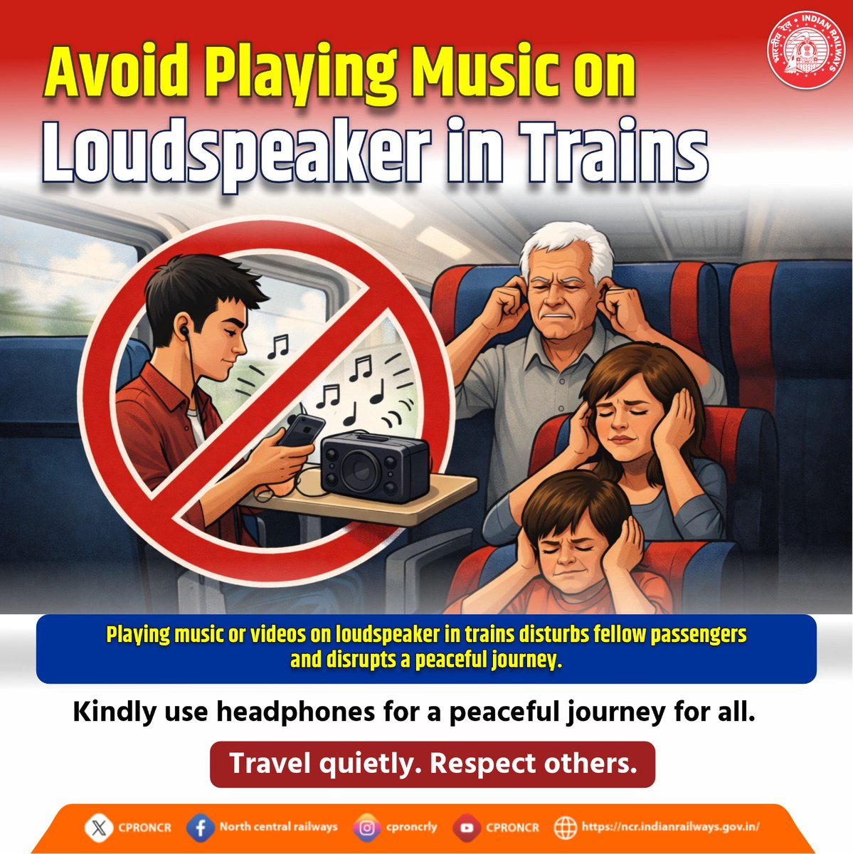 drmprayagrajnc's tweet photo. Playing music on phone speaker in train disturbs others—📵
Please use headphones and respect everyone’s comfort.🚆💯
#NCRailway #UseHeadphones #PeacefulJourney #IndianRailways https://t.co/9eu3QPrpDZ