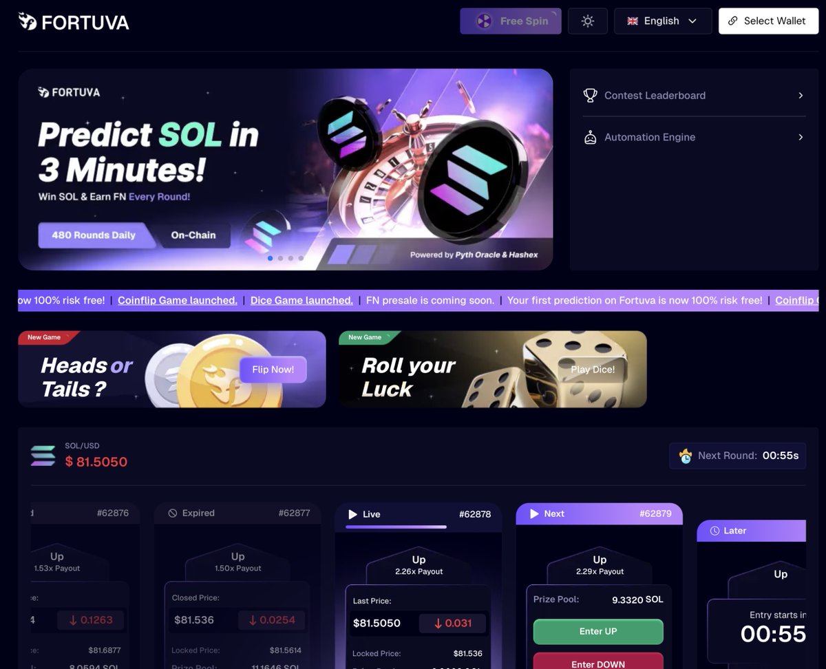 Most prediction platforms just want you to trust their word for it, but we are the different

At FORTUVA you can verify at the backend.

• Fully on-chain settlement. no hidden resolution logic
• Powered by Pyth oracle feeds
• No KYC friction
• Over 470+ SOL prediction rounds