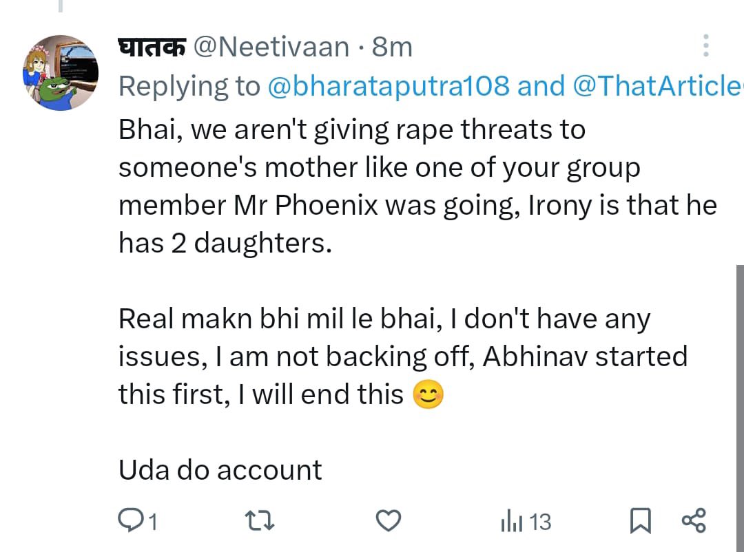 __phoenix_fire_'s tweet photo. Clout chaser has been going on begging for attention inspite of being blocked since days.

This is what I was talking about family details being misused . Real mein milnekinteri aukaat hai nahi do take bhadwe.

Now people sucking this asshole off wanna be whiny babies about doxxing.

Gloves are off the moment you involve family.

You are son of a soldier. You dont have respect for the organisation. 
You and your ilk will
Pay.
Ab ja aur ro le bhadwe