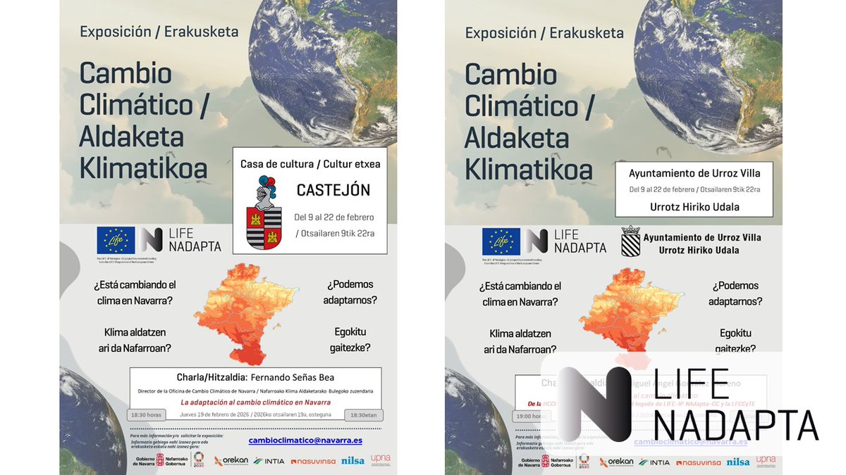 LIFE_NAdapta_CC's tweet image. Dos localidades navarras celebrarán esta tarde sendas charlas sobre #CambioClimático gracias a #LIFE_IP_NAdapta_CC 🌍

ℹ️lifenadapta.navarra.es/es/-/charlas-e…

#Castejón #UrrozVilla #Adaptación #Mitigación #LIFEProgramme #LIFEAmplifiers #LIFEProject #AfterLIFE #NavarreInEurope #Navarra