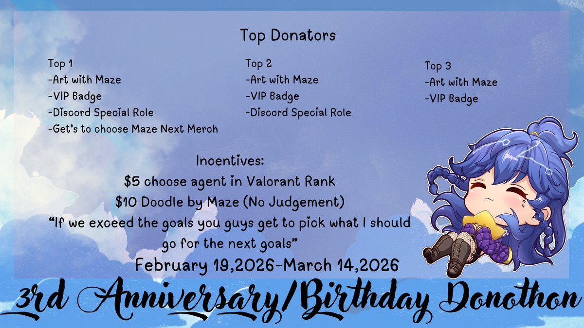 maze_vt's tweet photo. 🎉💙 3rd Anniversary / Birthday Donothon 💙🎉
From Feb 19 – Mar 14, 2026, we’re celebrating with chaos, games, and spicy consequences 🌶️👀
Let’s make this anniversary unforgettable 💫
#Donathon #VTuber #BirthdayStream #MazeVT #AnniversaryStream 💙 https://t.co/fVLjjOJA7T