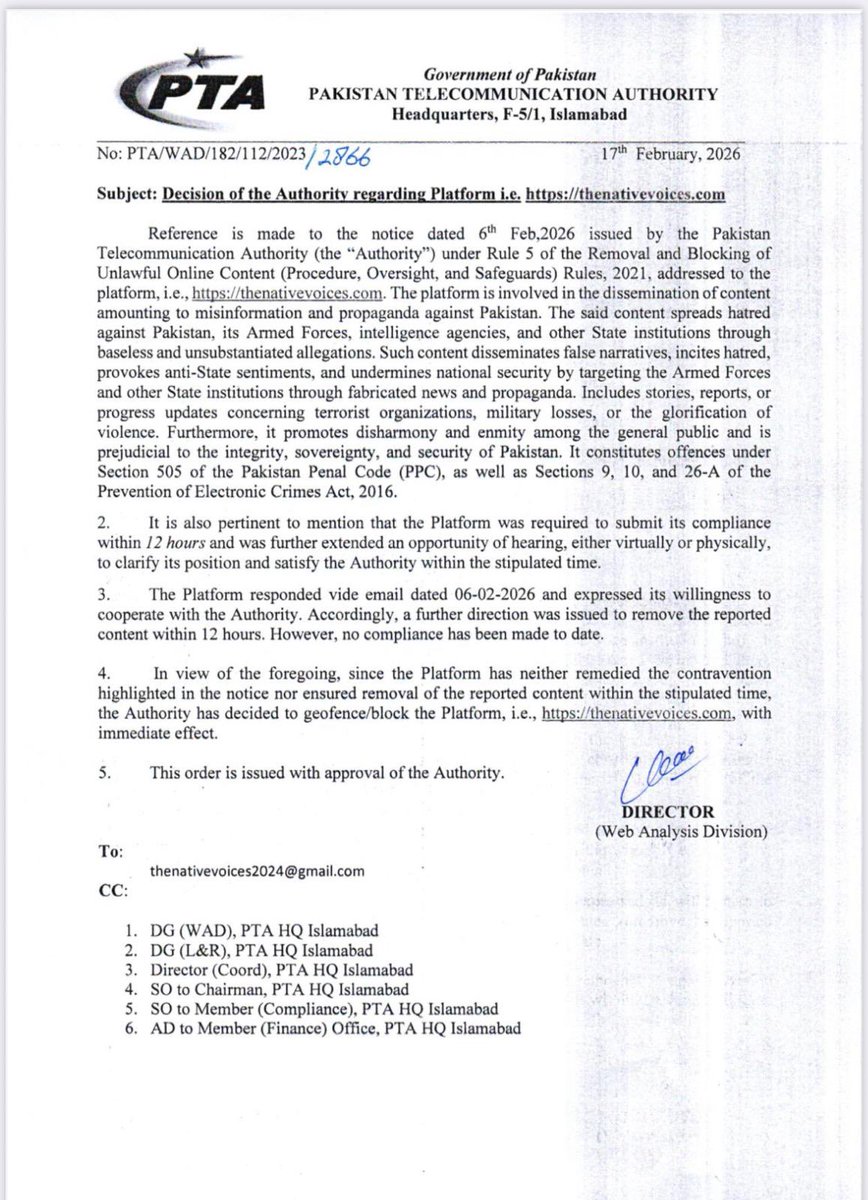 The <a href="/GovtofPakistan/">Government of Pakistan</a>’s cyber agency <a href="/PTAofficialpk/">PTA</a> blocks Native Voices in Pakistan. We view this as a restriction on freedom of expression, the public’s right to information, and independent journalism. We will continue our work despite restrictions. <a href="/CPJAsia/">CPJ Asia</a> <a href="/RSF_inter/">RSF</a>