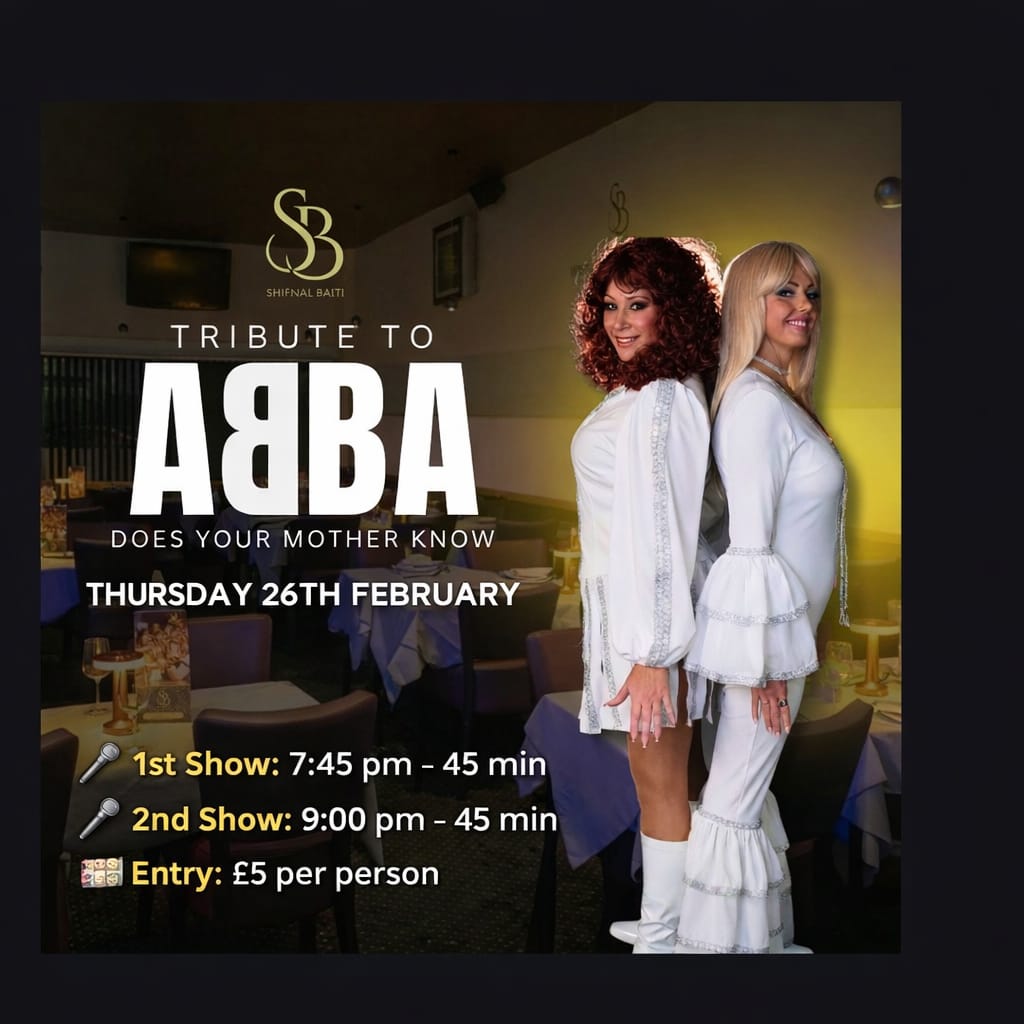🎶 Mamma Mia, here we go again at Shifnal Balti! 😉
Curry, sing-alongs &amp; Dancing Queen vibes 💃🕺
1st Show: 7:45 PM | 2nd Show: 9:00 PM (45 mins each)
£5 entry 🎟️ 
Book now: shifnalbalti.co.uk

#ShifnalBalti #ABBANight #MammaMia #DancingQueen #ShifnalEats