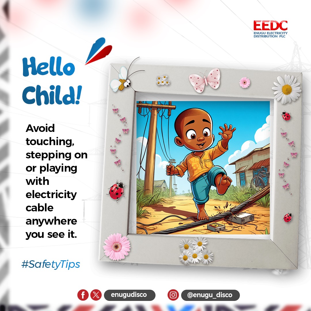 enugudisco's tweet photo. โก Electricity is not a toy.
Children should never touch, step on, or play with electrical cables anywhere they see them.
#SafetyTips #EEDCcares https://t.co/4GatPHW4ak