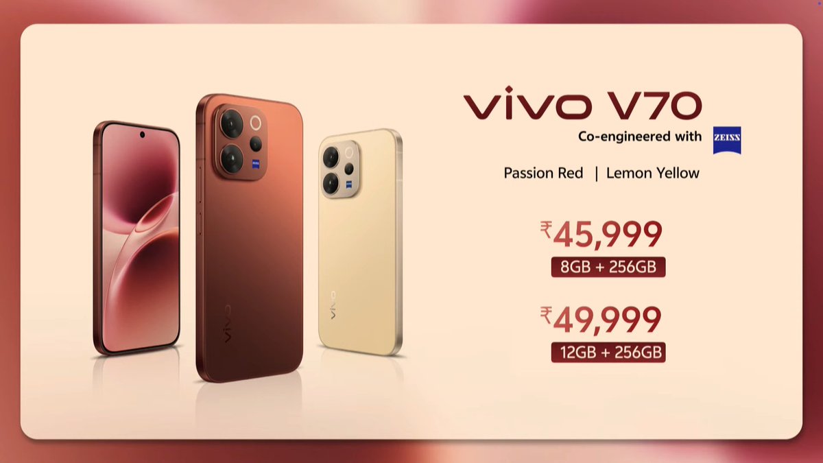 Vivo V70 launched in 🇮🇳 

6.59" 1.5K 120Hz LTPS OLED📱
Snapdragon 7Gen4 
LPDDR5X + UFS 4.1
50+ 8+ 50MP (3x) 📸
50MP🤳
6500mAh🔋+ 90W⚡
4+6 Y Updates
IP69/68
IR Blaster
3D Ultrasonic 🫆 scanner
USB 2.0
Wi-Fi 6
BT 5.4
NFC

 8+256GB - ₹45999

#vivo #VivoV70series #vivoV70