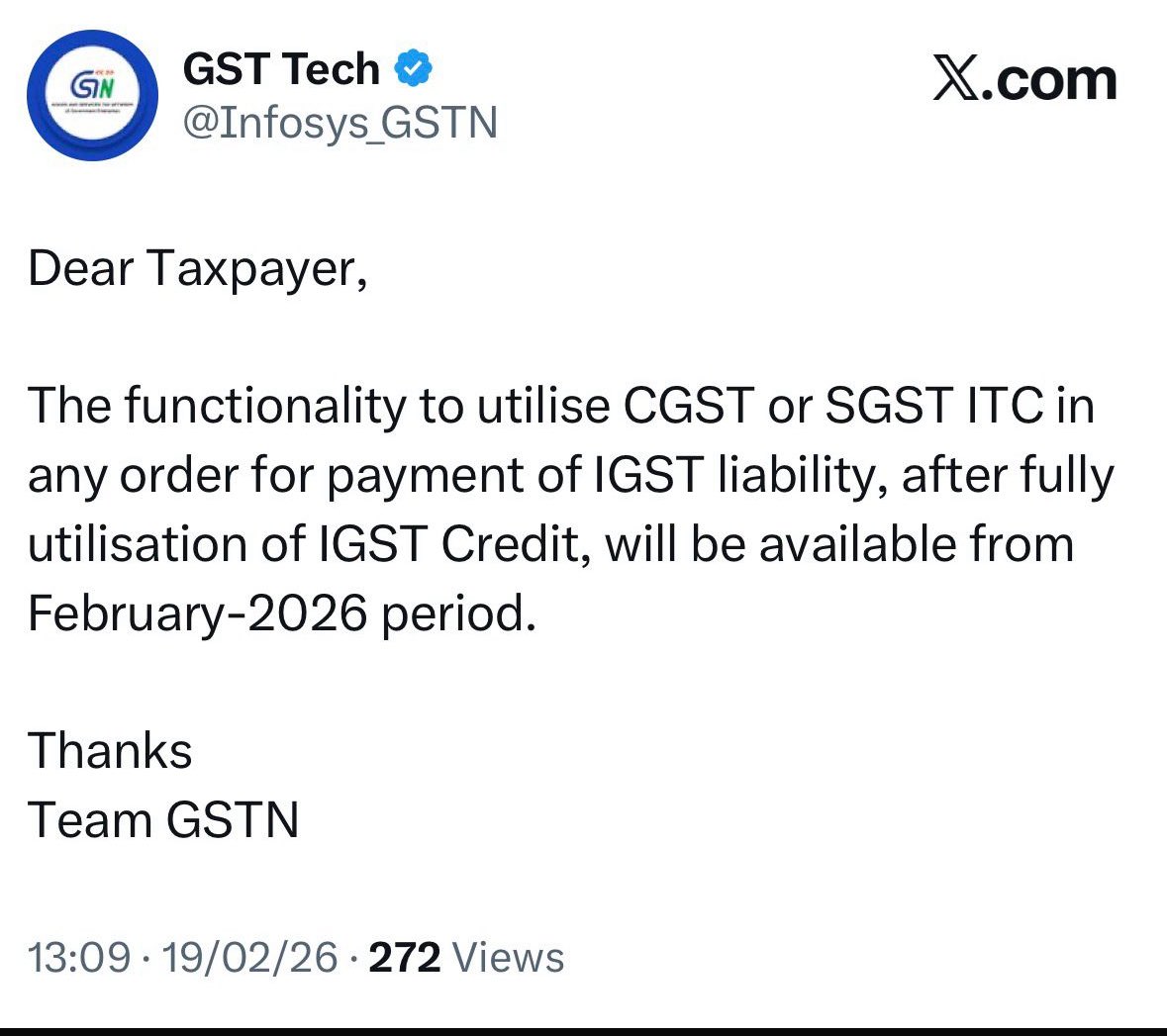 Just In

Cross utilisation facility i.e. utilisation of SGST before entire CGST against liability of IGST to be available from Feb 3B

Earlier it was announced for Jan 3B.
#techdelay 

Also to note that still no amendment has been made in law regarding this!!