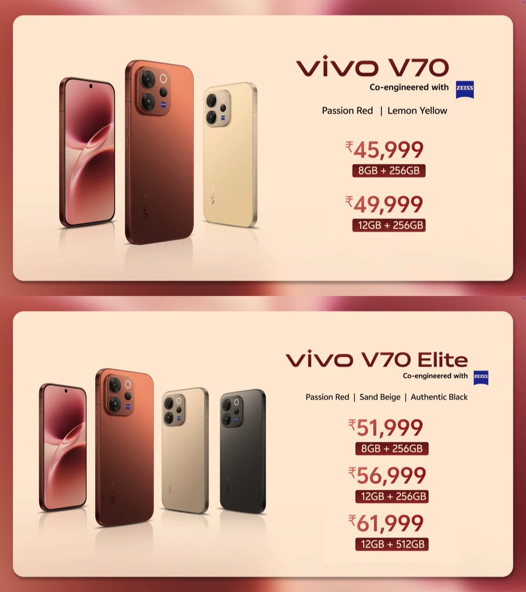 Vivo V70 💰 
 8+256 GB - ₹45999
12+256 GB - ₹49999

Vivo V70 Elite 💰 
8+256 GB - ₹51999
12+256 GB - ₹56999
12+512 GB - ₹61,999

#vivo #vivoV70 #vivoV70Elite