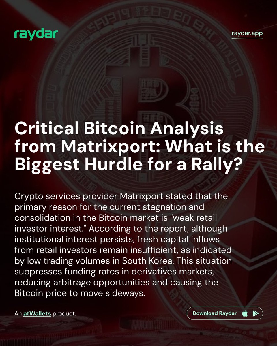 raydarapps's tweet photo. 📉 The code of Bitcoin's consolidation is cracked! According to Matrixport, retail investors staying out suppresses funding rates and keeps the price sideways. Institutions alone aren't enough to start the rally.
When do you think retail will catch FOMO? #BTC #Investing #Economy https://t.co/QGe8BENIv1