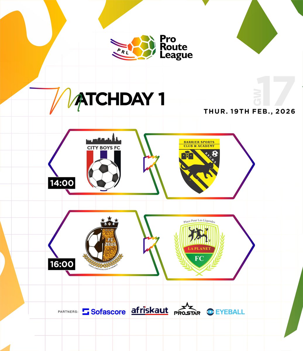 Gameweek 17 action starts from here ⚽🔥
Two exciting fixtures set the tone as the battle for points continues.

🕑 City Boys FC 🆚 Barrier SC (14:00)
🕓 FC Zeus 🆚 La Planet FC (16:00)

Back-to-back action, nonstop intensity. Don’t blink! 👀🔥

#PRL25 #2025LeagueSeason