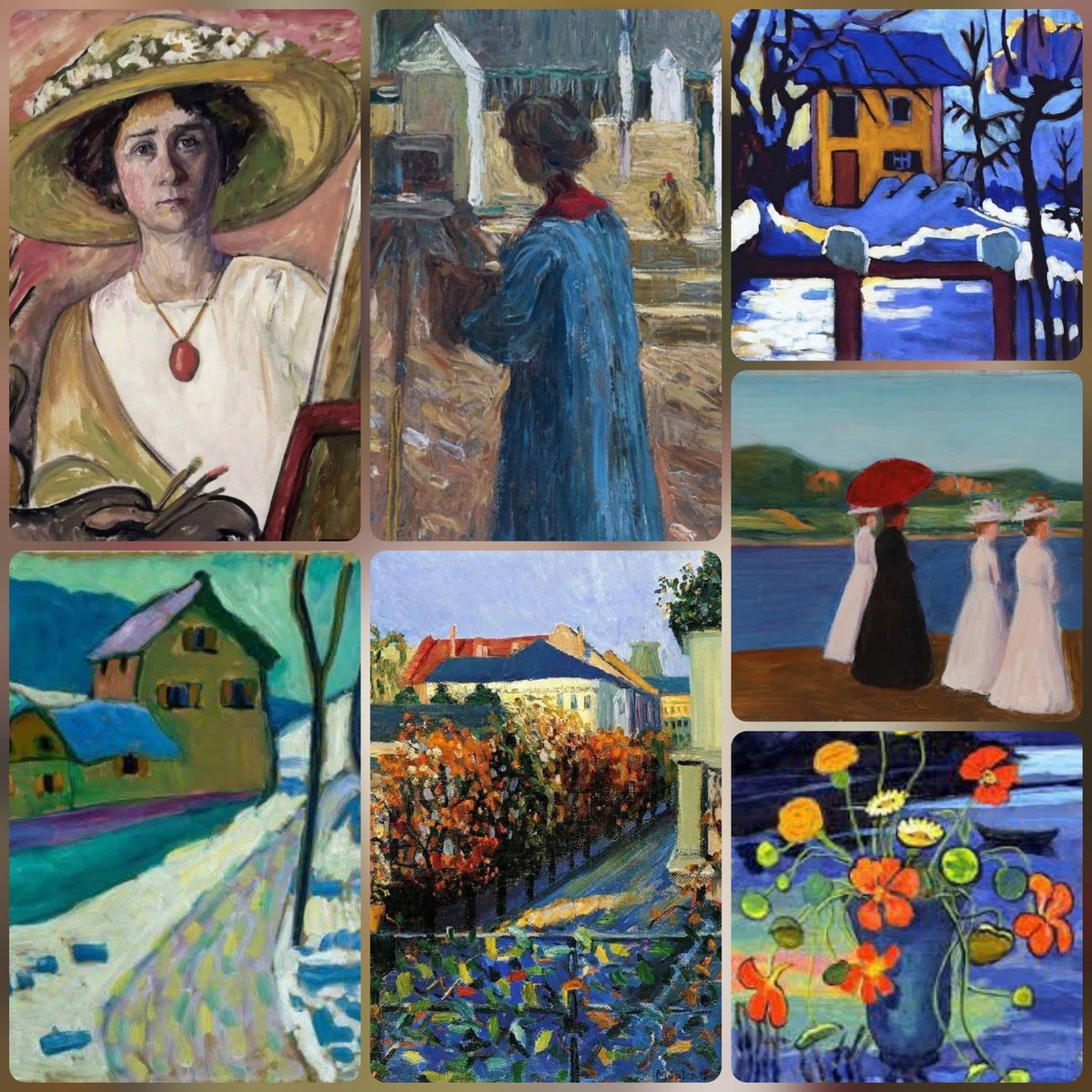 Gabriele Münter,peintre expressionniste allemande, née le 19 février  1877 à Berlin,morte à Murnau en 1962. Élève, compagne et muse de Kandinsky, elle est la voix  féminine du groupe  Le Cavalier bleu/ Der blaue Reiter.🎨