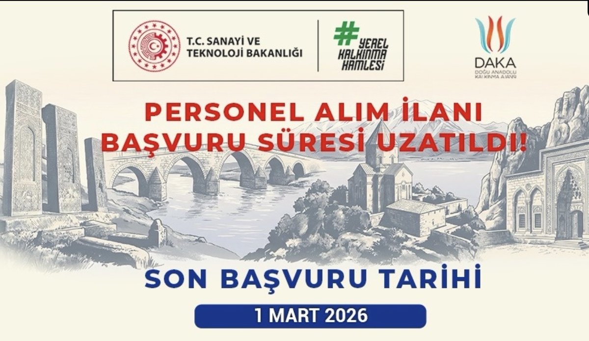 📢 Personel Alımı Başvuru Süresi Uzatıldı

Doğu Anadolu Kalkınma Ajansı tarafından yürütülen personel alımı kapsamında başvurular için son tarih 1 Mart 2026 olarak güncellenmiştir.

📌 Başvuru şartları ve detaylar için: daka.org.tr/duyurular/743

<a href="/BursaTeknikUni/">Bursa Teknik Üniversitesi (BTÜ)</a>
