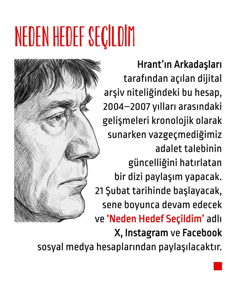 📌Hrant'ın Arkadaşları'ndan Dink cinayetinin dijital hafızısı
📌Neden Hedef Seçildim?

▪️Hrant'ın Arkadaşları, Hrant Dink cinayetinin 20. yılı yaklaşırken, cinayetin arkasında yatan karanlık yolu ve ilişkileri unutturmamak ve hafızayı tazelemek için sosyal medyadan bir dijital