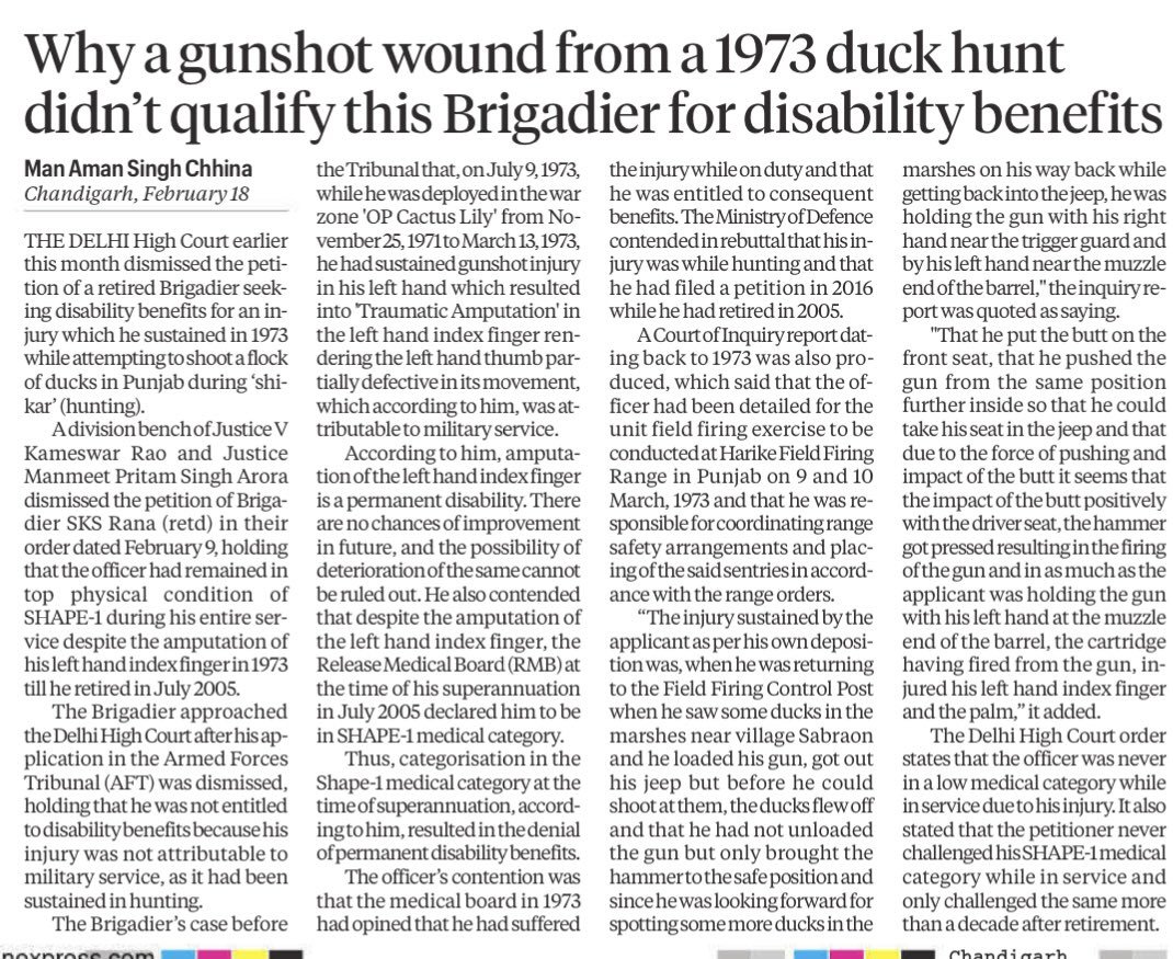 Army Brigadier who lost his index finger, accidentally shooting himself while HUNTING DUCKS, applied for disability pension after retirement.

Thankfully, he has been turned down.