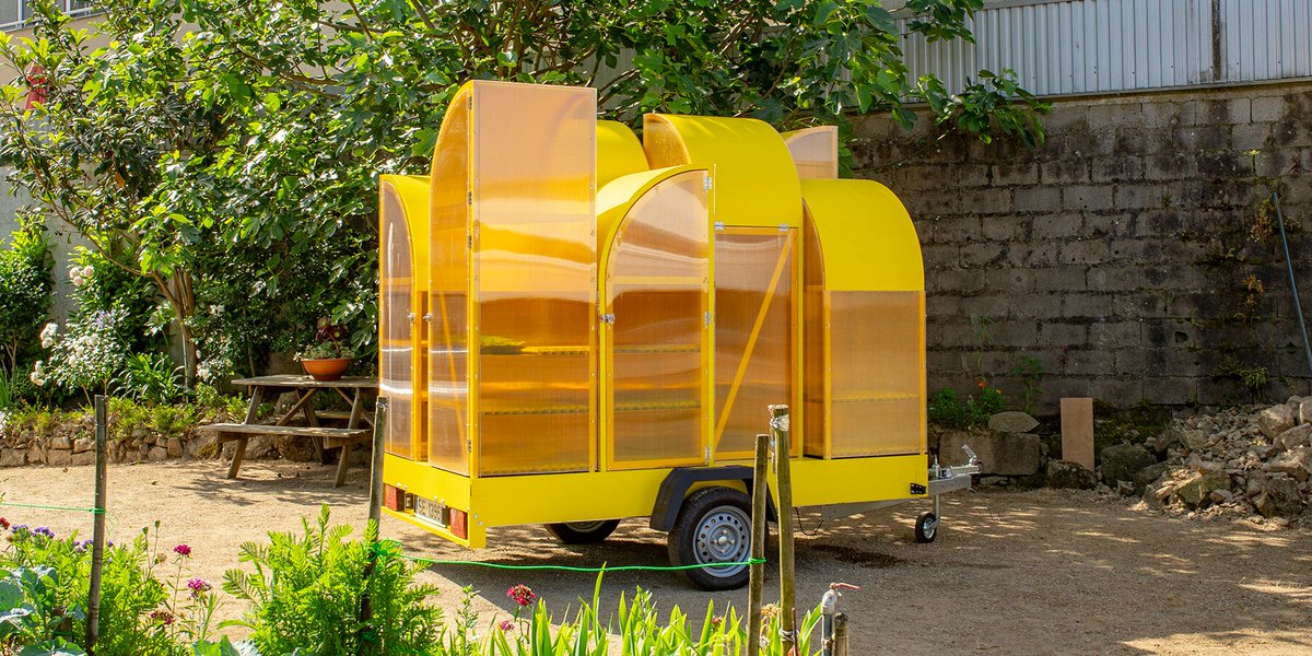 designboom's tweet image. modular yellow #greenhouse travels on wheels through #portugal for seed germination 🌱 find out more in the comments 👇